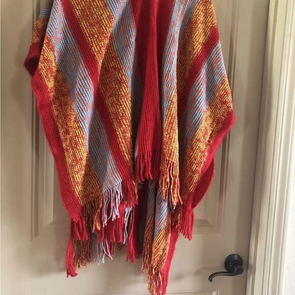 Red Multi color 2-Way Wear Fringe Sweater Wrap or Cardigan - Picture 7 of 8